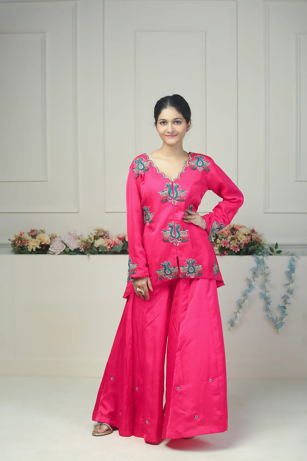 Hot Pink Sharara Set with Peacock Hand Embroidery - 10004