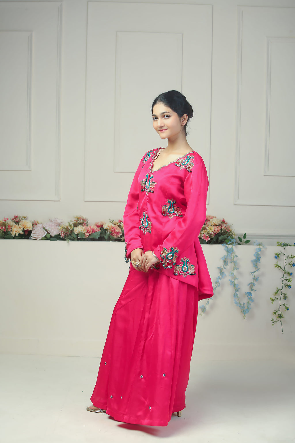 Hot Pink Sharara Set with Peacock Hand Embroidery - 10004