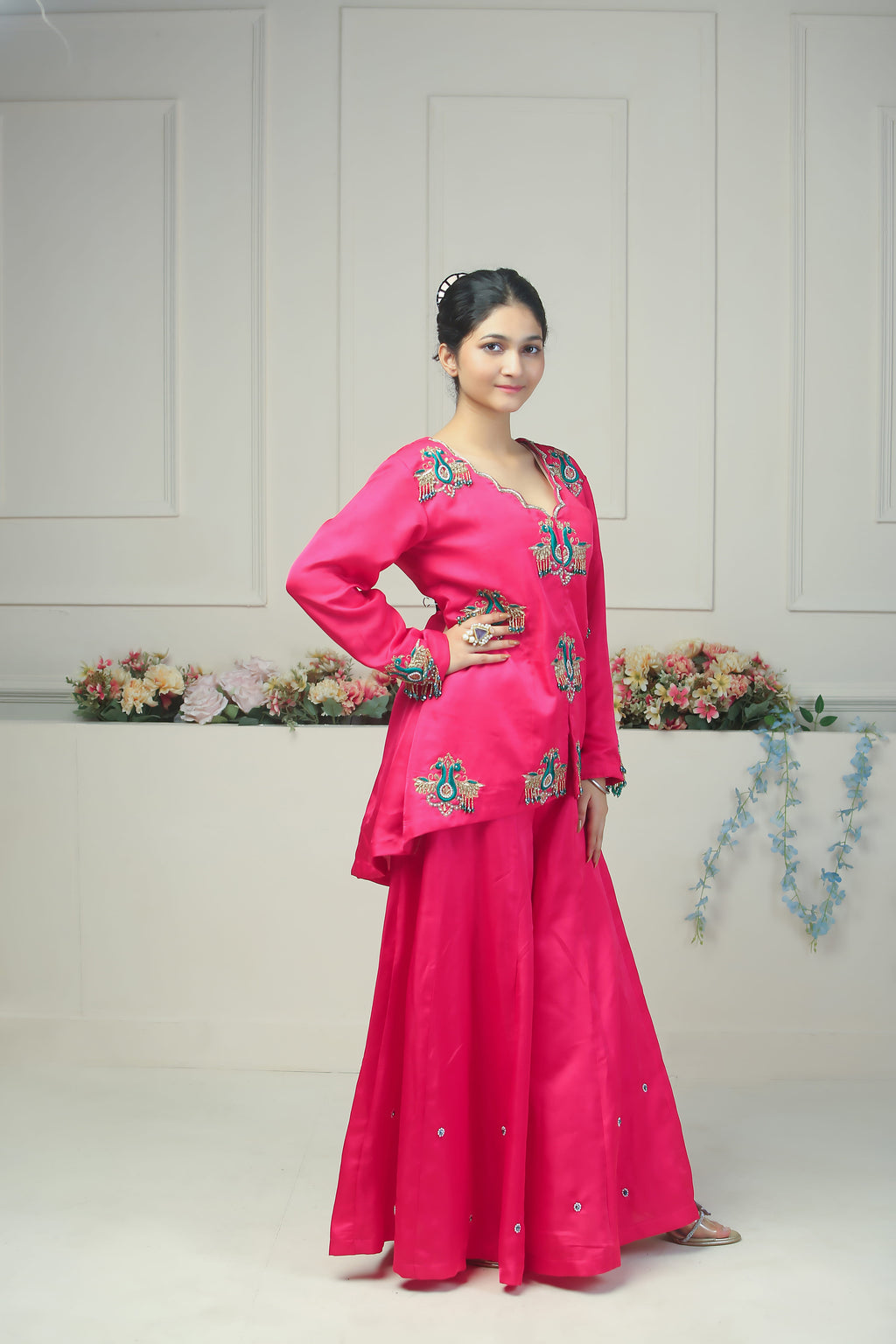 Hot Pink Sharara Set with Peacock Hand Embroidery - 10004