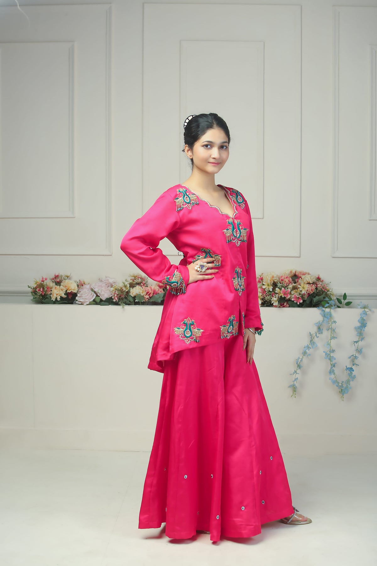 Hot Pink Sharara Set with Peacock Hand Embroidery - 10004