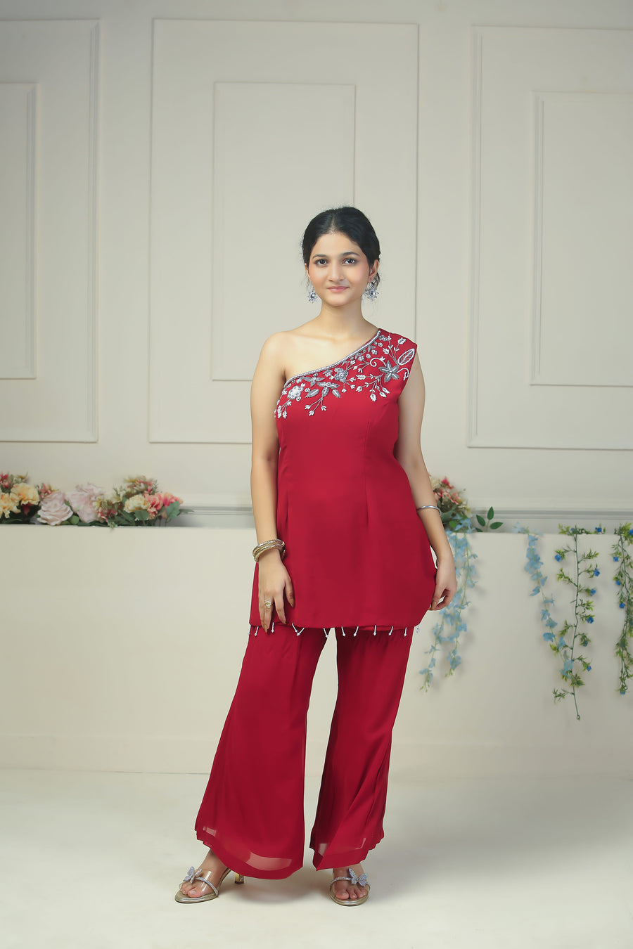 Dark Mehroon Colour one shoulder dress - 10009