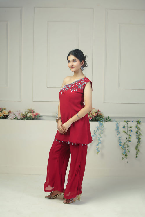 Dark Mehroon Colour one shoulder dress - 10009