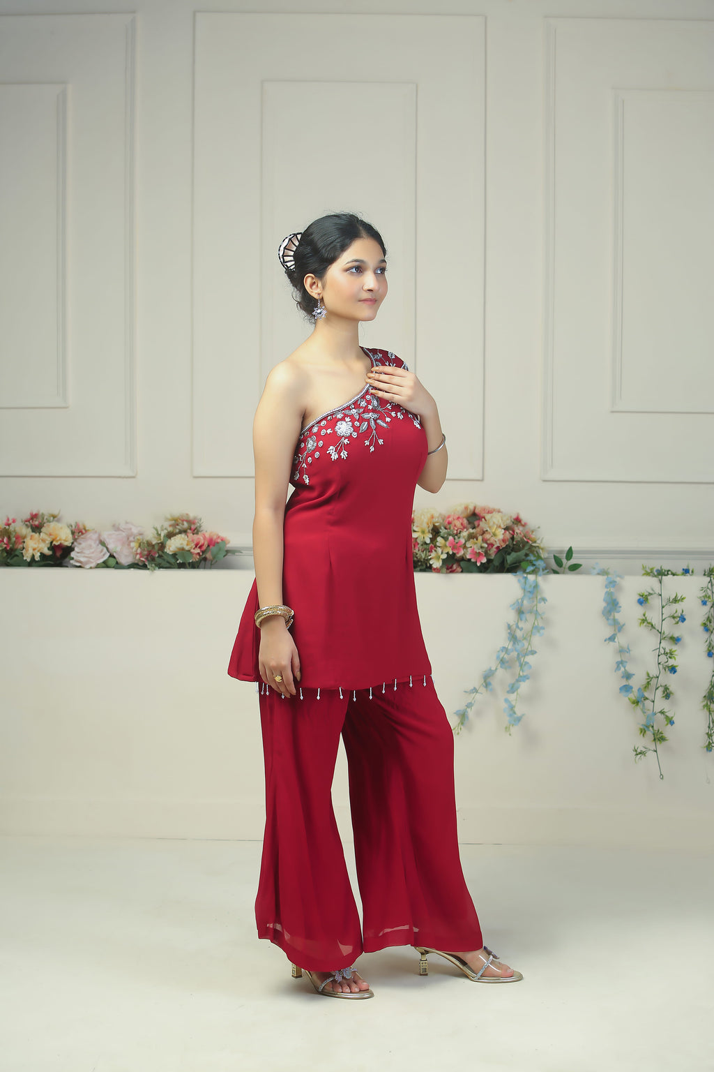 Dark Mehroon Colour one shoulder dress - 10009
