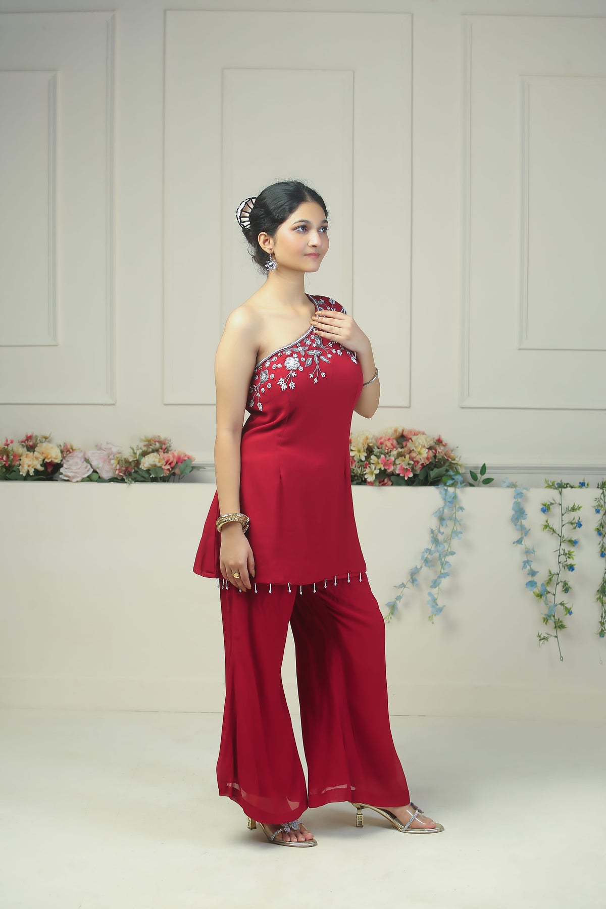 Dark Mehroon Colour one shoulder dress - 10009