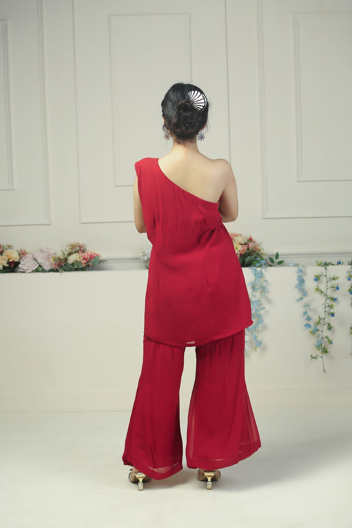 Dark Mehroon Colour one shoulder dress - 10009