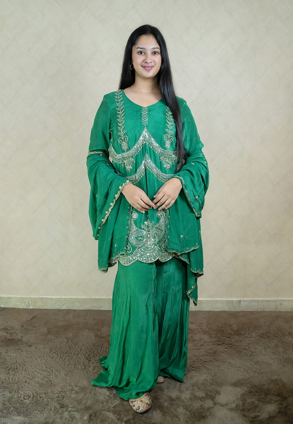 One shoulder party dress in blackish blue colour with pearl work embroidery - 10003