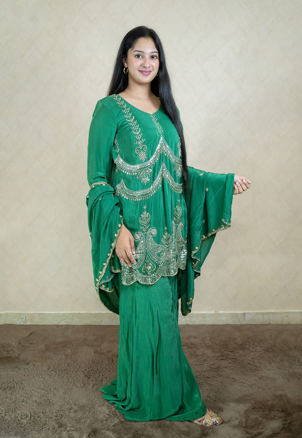 One shoulder party dress in blackish blue colour with pearl work embroidery - 10003