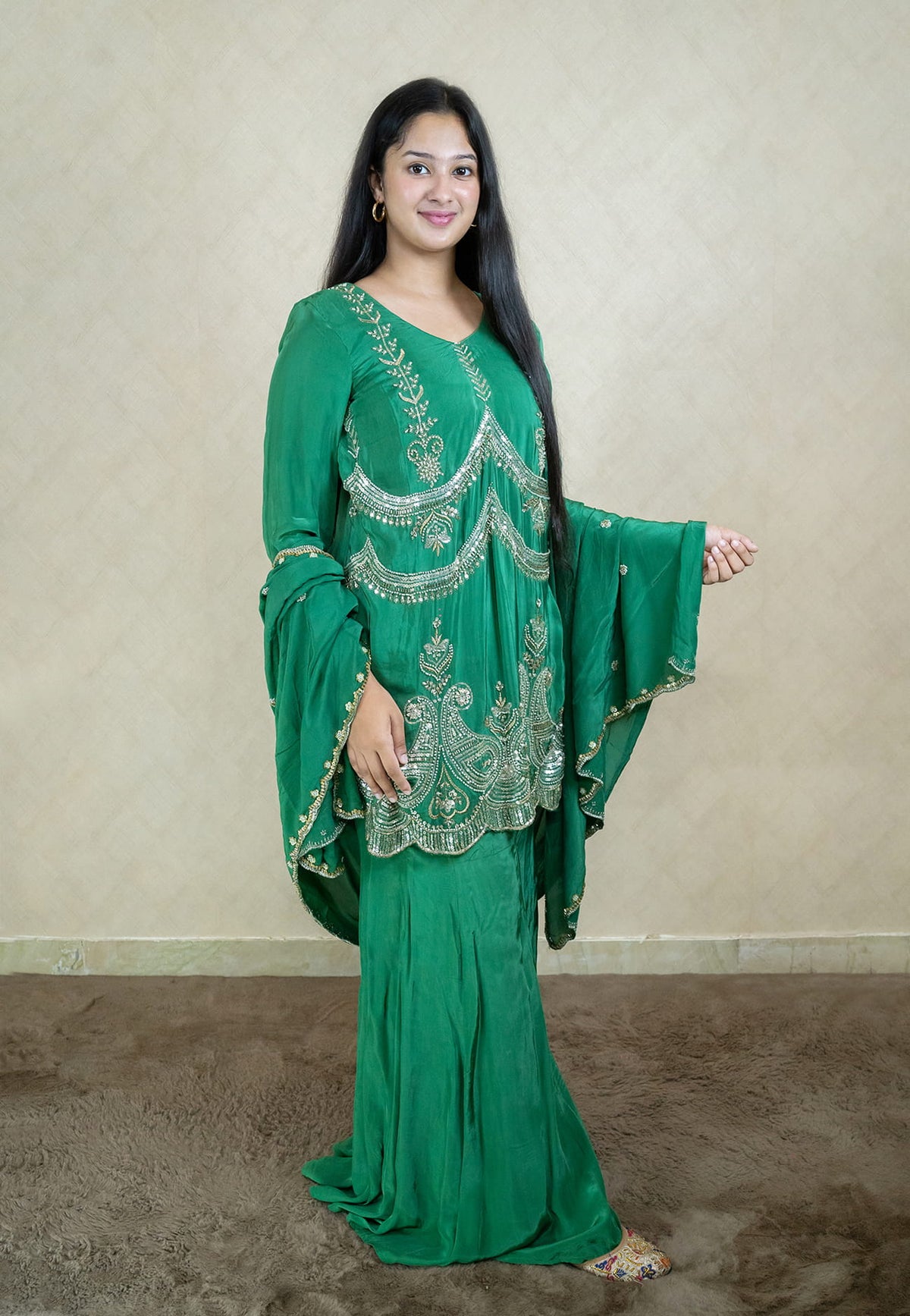 One shoulder party dress in blackish blue colour with pearl work embroidery - 10003