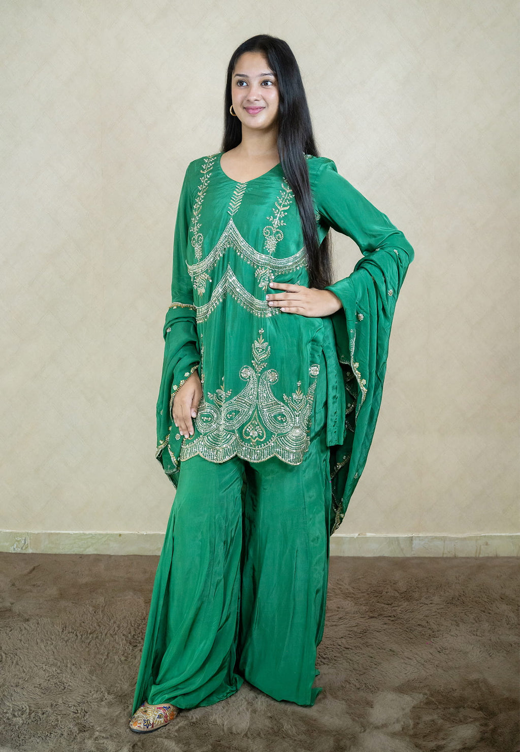 One shoulder party dress in blackish blue colour with pearl work embroidery - 10003
