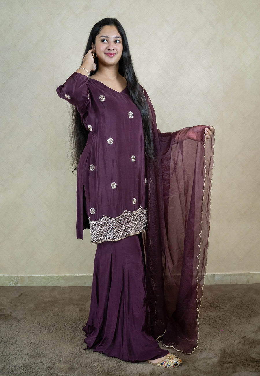 Wine sharara set made from natural crepe fabric with heavy embroidery - 10044