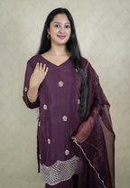 Wine sharara set made from natural crepe fabric with heavy embroidery - 10044