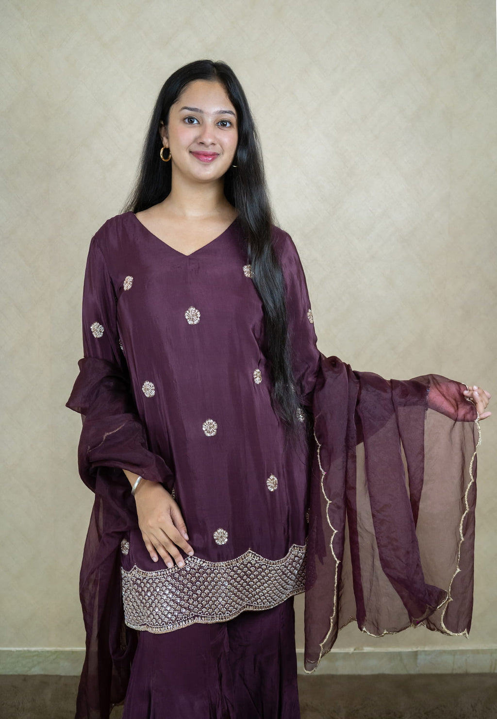 Wine sharara set made from natural crepe fabric with heavy embroidery - 10044