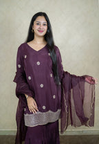 Wine sharara set made from natural crepe fabric with heavy embroidery - 10044