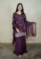 Wine sharara set made from natural crepe fabric with heavy embroidery - 10044