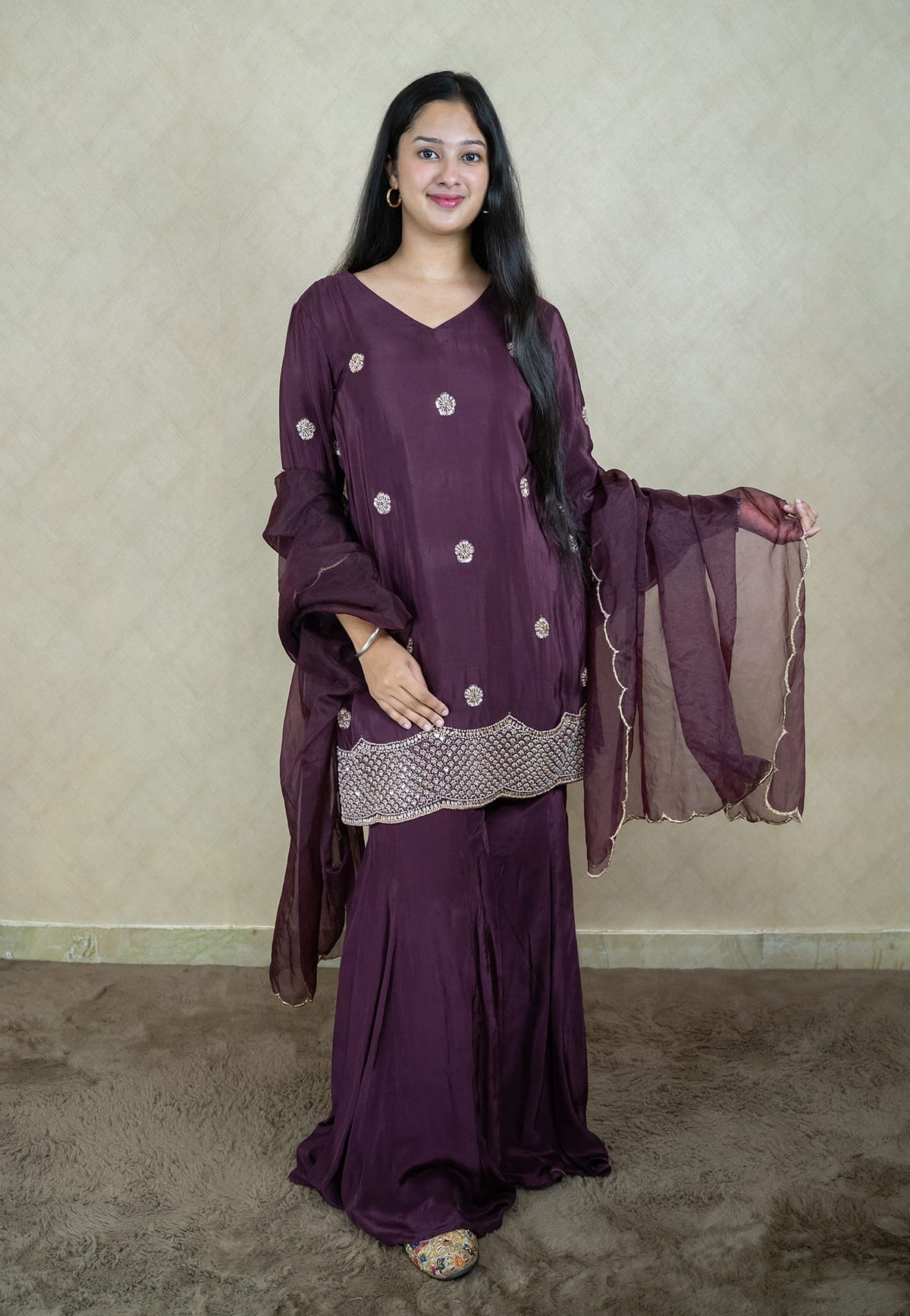 Wine sharara set made from natural crepe fabric with heavy embroidery - 10044
