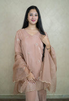 Cinnamon sharara set made from natural crepe fabric with heavy embroidery - 10045