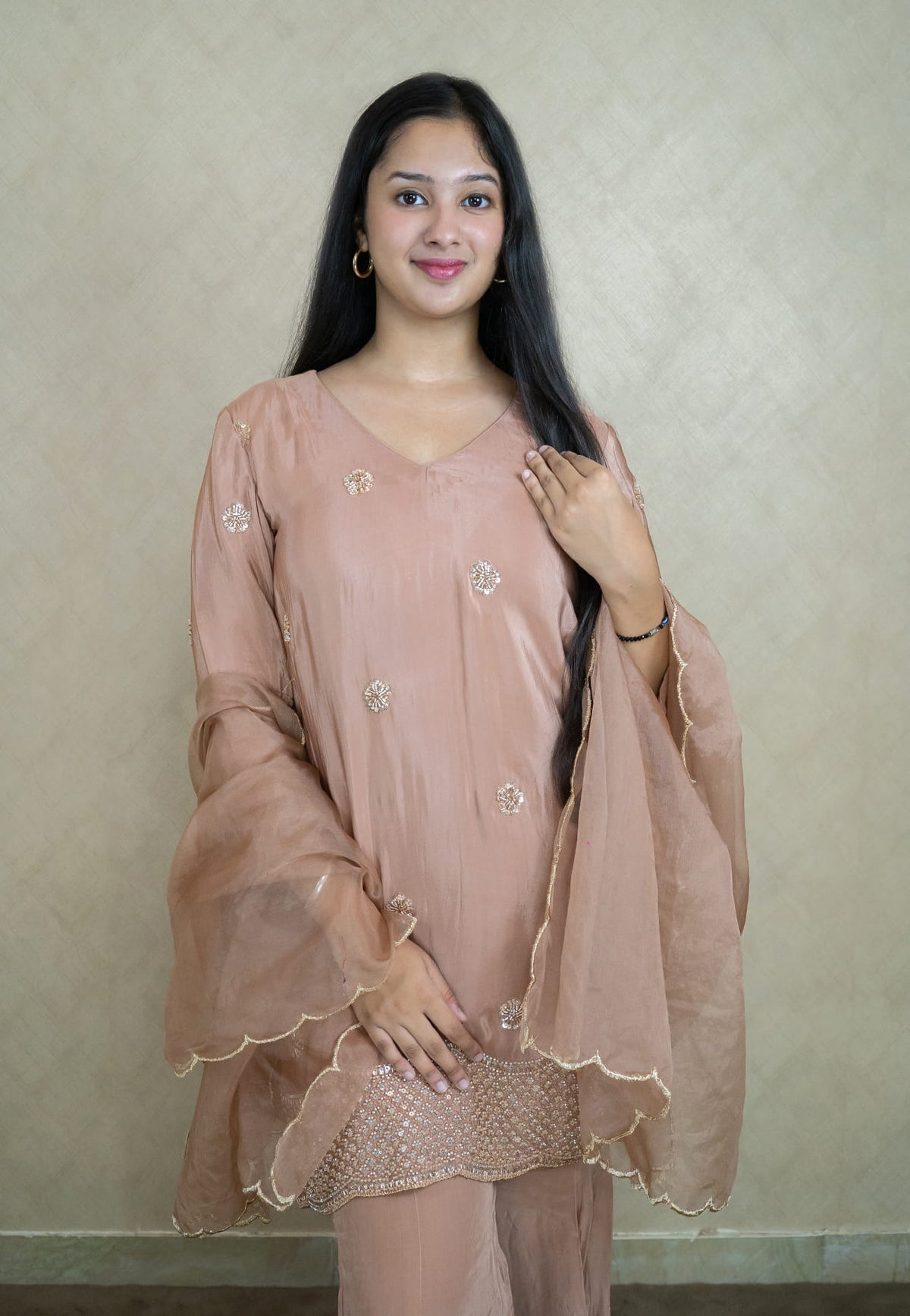 Cinnamon sharara set made from natural crepe fabric with heavy embroidery - 10045