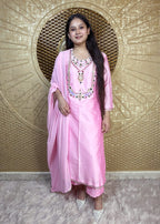 Long Suit With Dupatta, Powder Pink Colour, With Multi Colour Hand Embroidery - 10001