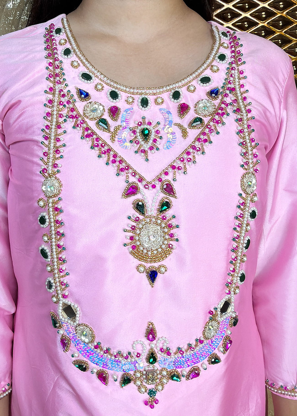Long Suit With Dupatta, Powder Pink Colour, With Multi Colour Hand Embroidery - 10001