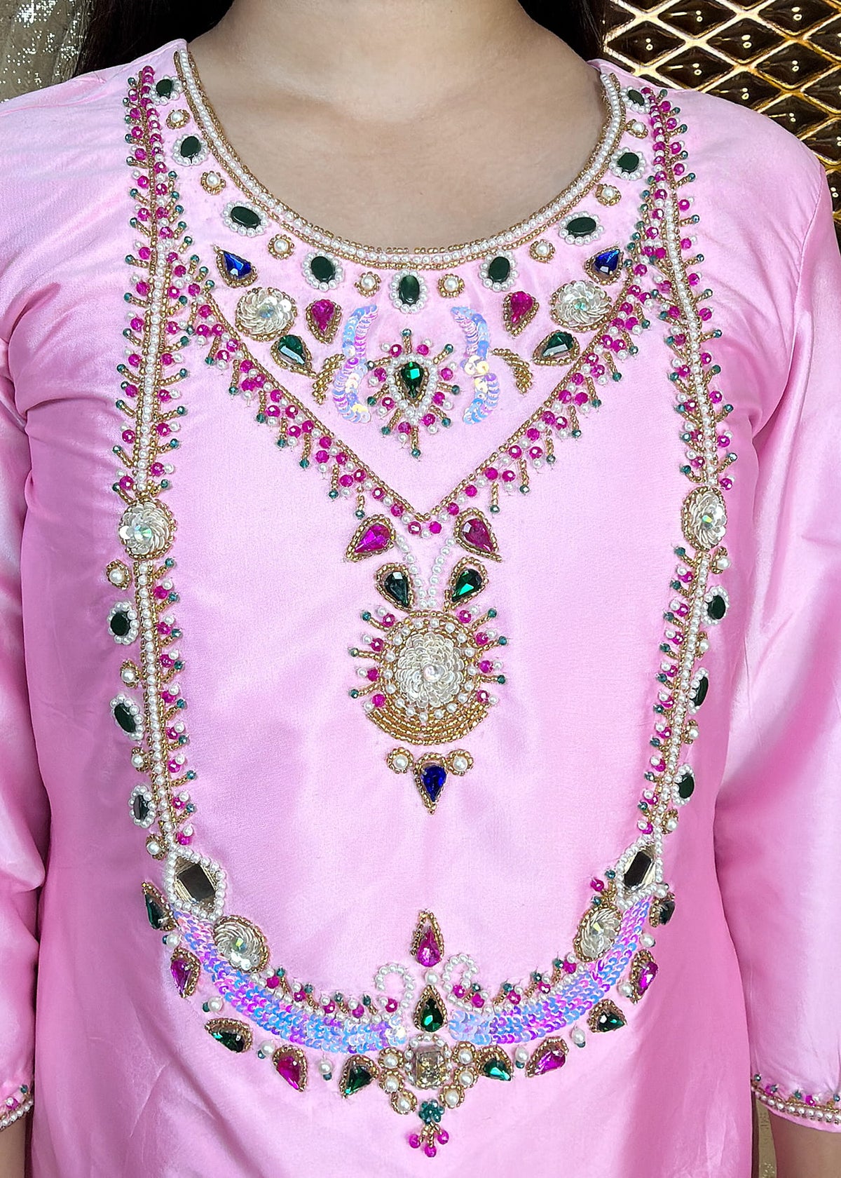 Long Suit With Dupatta, Powder Pink Colour, With Multi Colour Hand Embroidery - 10001