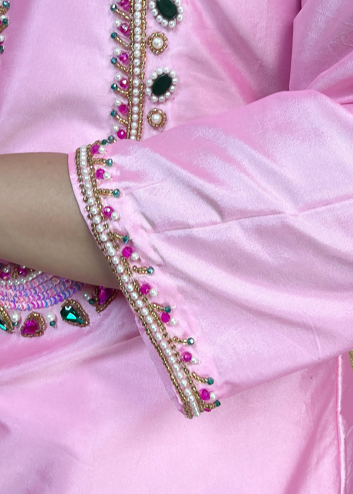 Long Suit With Dupatta, Powder Pink Colour, With Multi Colour Hand Embroidery - 10001
